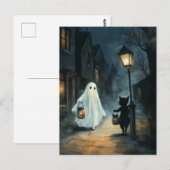 Halloween Ghost und Cat-Begegnung Postkarte (Vorne/Hinten)