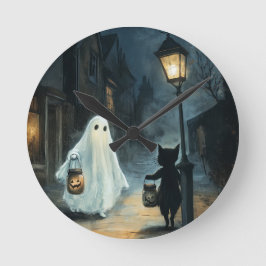 Halloween Ghost und Cat-Begegnung Runde Wanduhr
