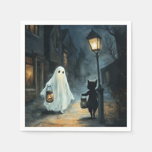 Halloween Ghost und Cat-Begegnung Serviette (Vorderseite)