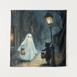 Halloween Ghost und Cat-Begegnung Wandteppich