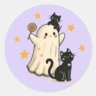 Halloween Ghost und Niedliche Schwarze Katzen Runder Aufkleber