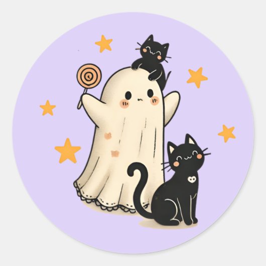 Halloween Ghost und Niedliche Schwarze Katzen Runder Aufkleber (Vorderseite)