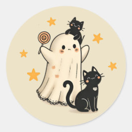 Halloween Ghost und Niedliche Schwarze Katzen Runder Aufkleber