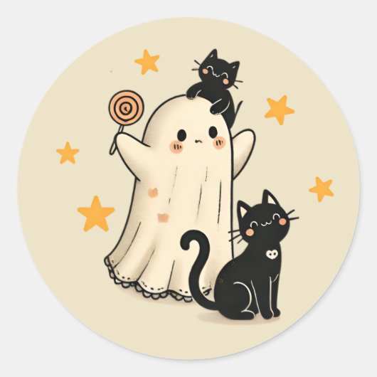 Halloween Ghost und Niedliche Schwarze Katzen Runder Aufkleber (Vorderseite)