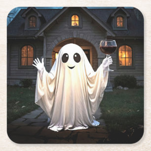 Halloween Ghost und Wein Rechteckiger Pappuntersetzer