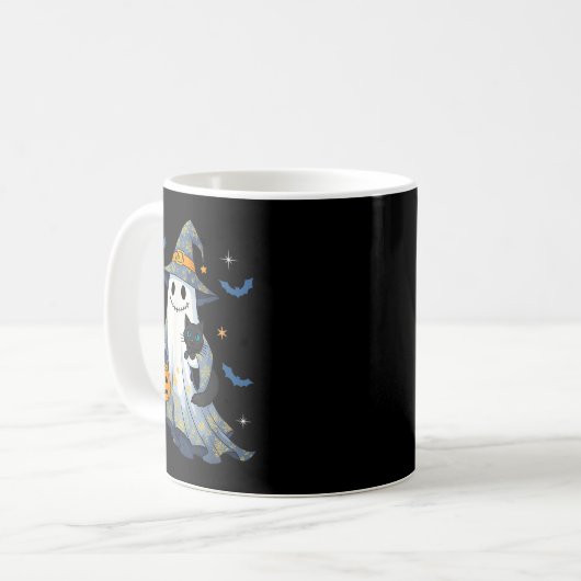 Halloween Ghost Witch Holding Black Cat Funny Hall Kaffeetasse (Vorderseite Links)