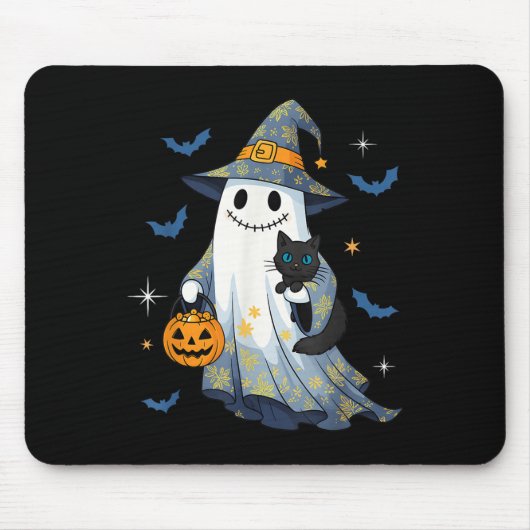 Halloween Ghost Witch Holding Black Cat Funny Hall Mousepad (Vorne)