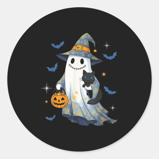 Halloween Ghost Witch Holding Black Cat Funny Hall Runder Aufkleber (Vorderseite)