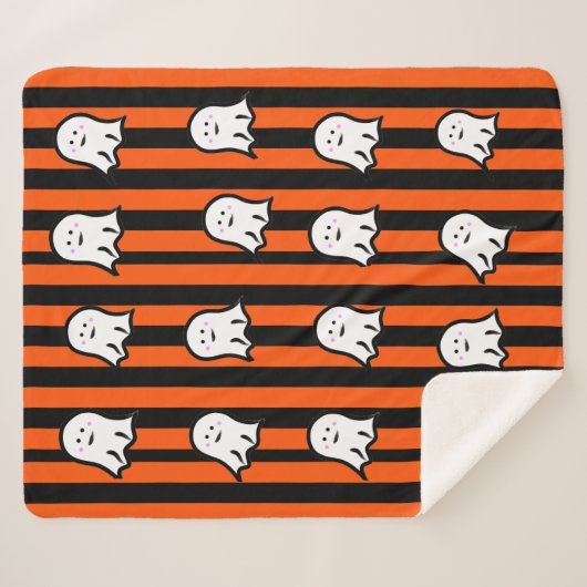 Halloween Ghosts on Black and Orange Stripes Sherpadecke (Vorderseite (Horizontal))