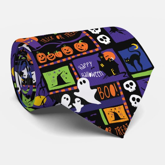 Halloween Ghosts Print Krawatte, Lila und schwarz Krawatte (Gerollt)