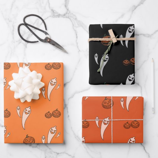 Halloween Ghosts Pumpkins Orange & Black 3 Geschenkpapier Set (Vorderseite)