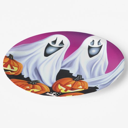 Halloween Ghosts und Pumpkins Pappteller (Schrägansicht)