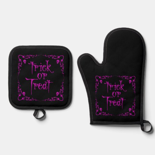 Halloween Gift Lila Trick oder Trete Ofenhandschuh & Topflappen-Set (Vorderseite)