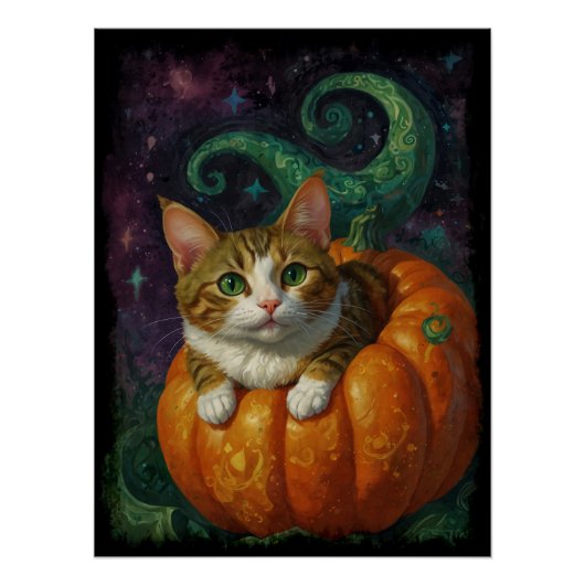 Halloween Ginger & White Kitten Riding a Pumpkin Poster (Vorderseite)