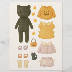 Halloween Girl Black Cat Watercolor Paper Doll Flyer