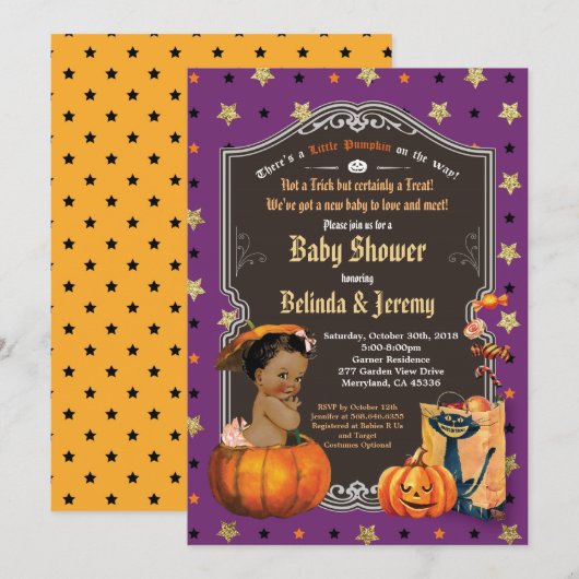 Halloween Girl Dusche kleiner Kürbis lila Einladung (Vorne/Hinten)