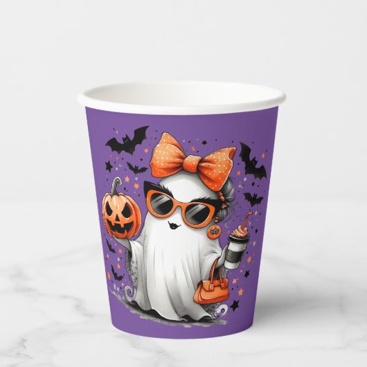 Halloween Girl Ghost im Lila Hintergrund Pappbecher (Vorderseite)