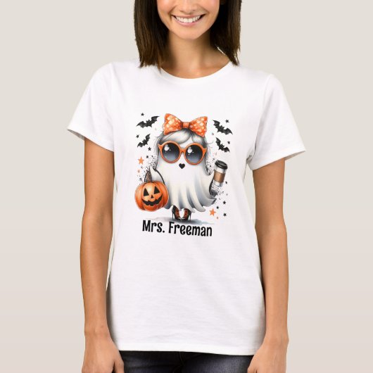 Halloween Girl Ghost mit Kaffee und Kürbis T-Shirt (Vorderseite)