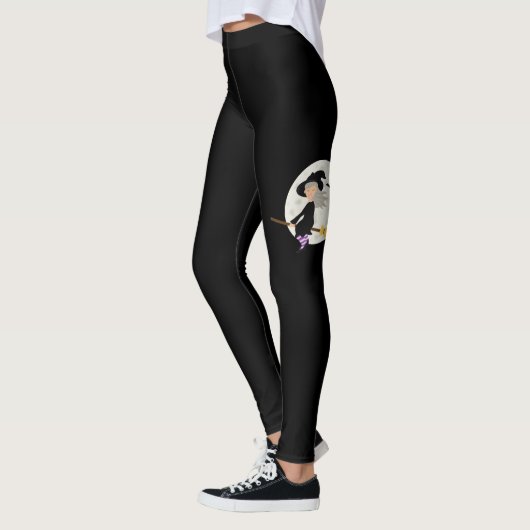 Halloween Girl Hexe fliegt am Mond Schwarz Leggings (Links)