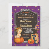 Halloween-Girl-Paare duschen lila Gold Einladung (Vorderseite)
