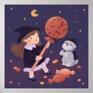 Halloween Girl & Puppy Illustration Poster