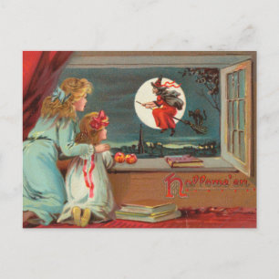 Hallowe'en Girls Beobachten Hexenout-Fenster Vinta Postkarte
