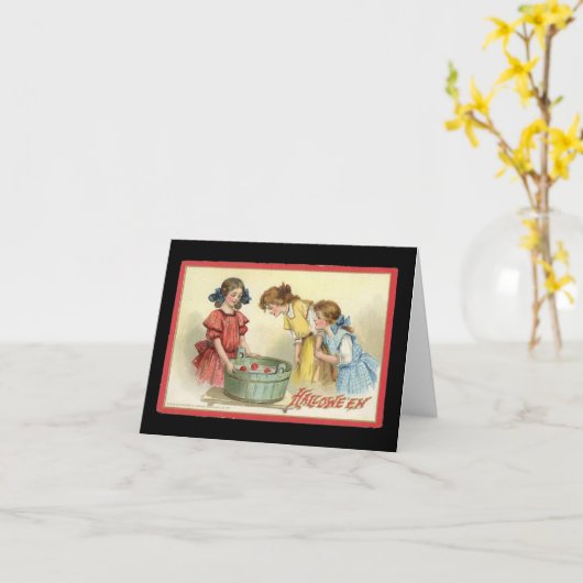 Halloween Girls Bobbing für Äpfel Vintage Karte (Gelbe Blume)