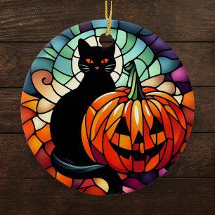 Halloween Glass Black Cat Pumpkin Keramik Ornament