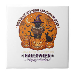 Halloween Glücklicher Lehrer Schwarze Katze Hexenh Fliese