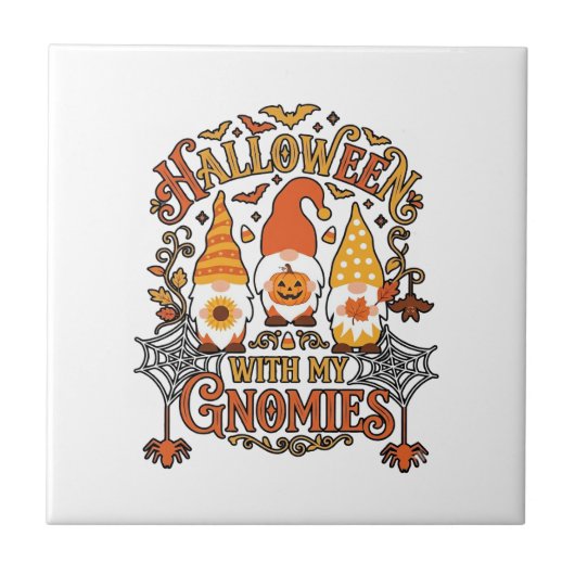 Halloween-Gnome Kürbis Spinnennetz Fledermäuse_1 Fliese (Vorderseite)