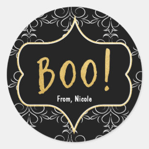 Halloween Gold BOO Schwarz Weiß Eleganter Aufklebe Runder Aufkleber