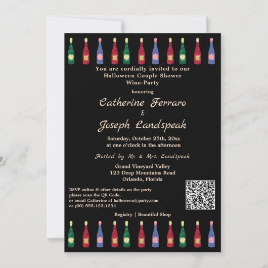 Halloween Gold Skulls Dusche Wein & QR Code Einladung (Rückseite)