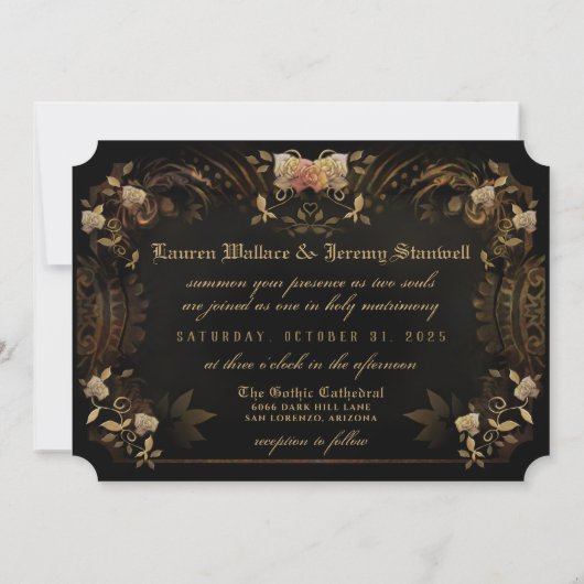 Halloween Golden Elegance Skeletons Hochzeit Einladung (Rückseite)