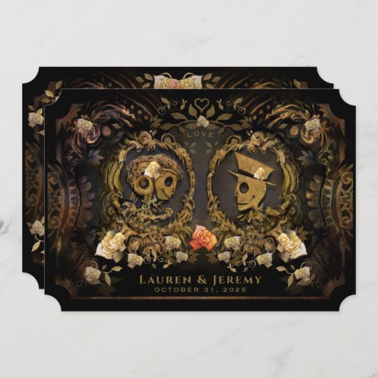 Halloween Golden Elegance Skeletons Hochzeit Einladung (Vorne/Hinten)