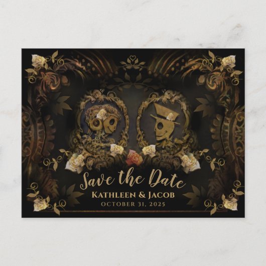 Halloween Golden Elegant Skelette Rett Datum Postc Postkarte (Vorderseite)