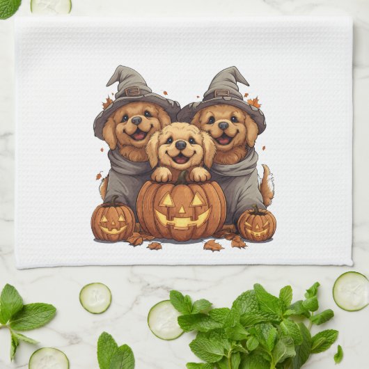 Halloween Golden Retriever Hunde Kürbislaterne Geschirrtuch (Gefaltet)