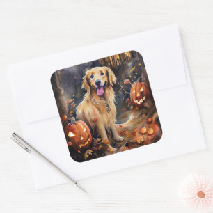 Halloween Golden Retriever mit Kürbissen Gruselig Quadratischer Aufkleber