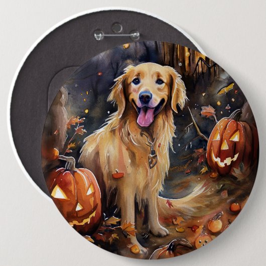 Halloween Golden Retriever mit Pumpkins Beängstige Button (Vorne & Hinten)