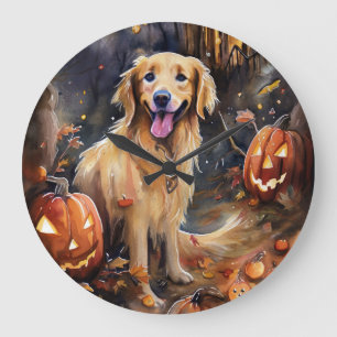 Halloween Golden Retriever mit Pumpkins Beängstige Große Wanduhr