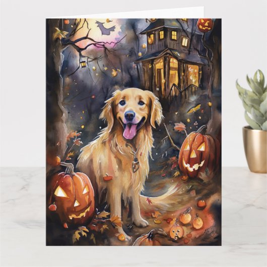 Halloween Golden Retriever mit Pumpkins Beängstige Karte (Kleine Pflanze)