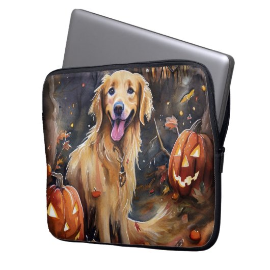 Halloween Golden Retriever mit Pumpkins Beängstige Laptopschutzhülle (Vorderseite Links)