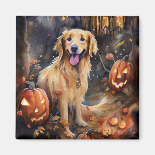 Halloween Golden Retriever mit Pumpkins Beängstige Magnet