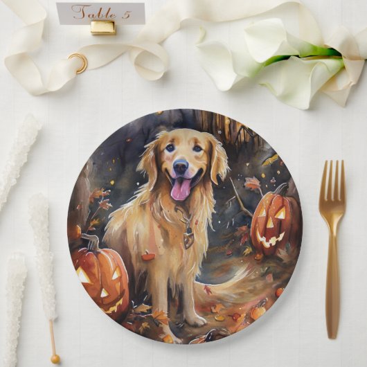 Halloween Golden Retriever mit Pumpkins Beängstige Pappteller (Hochzeit)