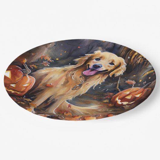 Halloween Golden Retriever mit Pumpkins Beängstige Pappteller (Schrägansicht)