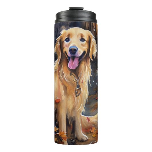 Halloween Golden Retriever mit Pumpkins Beängstige Thermosbecher (Vorderseite)