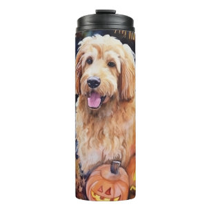 Halloween Goldendoodle mit Kürbissen Gruselig Thermosbecher