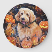 Halloween Goldendoodle mit Pumpkins Beängstigend Große Wanduhr (Vorderseite)