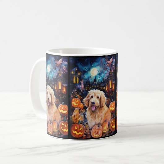 Halloween Goldendoodle mit Pumpkins Beängstigend Kaffeetasse (Vorderseite Links)