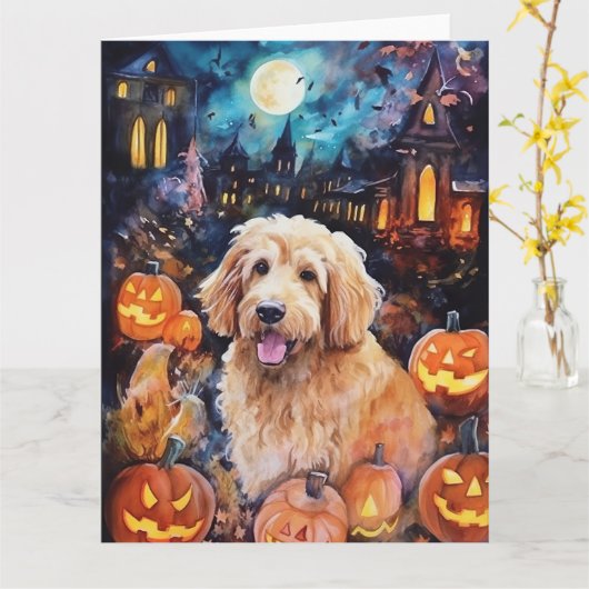 Halloween Goldendoodle mit Pumpkins Beängstigend Karte (Gelbe Blume)