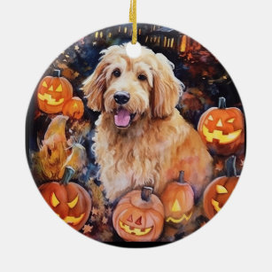 Halloween Goldendoodle mit Pumpkins Beängstigend Keramik Ornament
